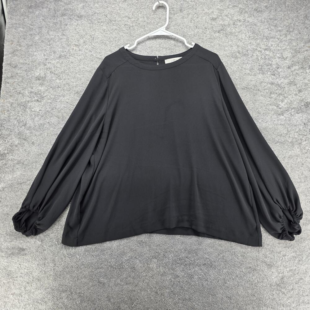 LOFT Blouse Womens XL Black Balloon Sleeve Crew Neck Button Lightweight